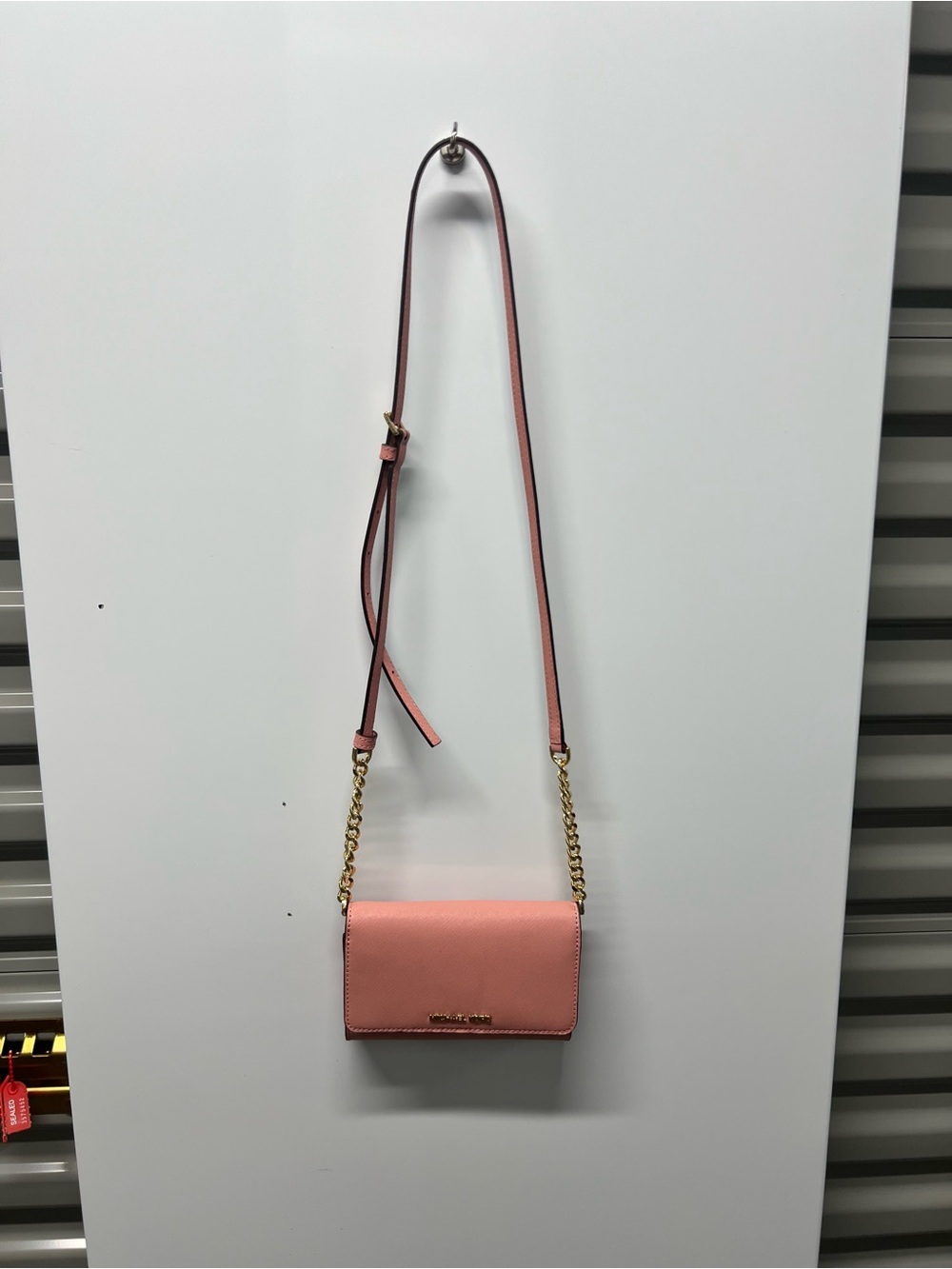 Michael Kors Coral Pink Leather Crossbody Wallet with Gold Chain